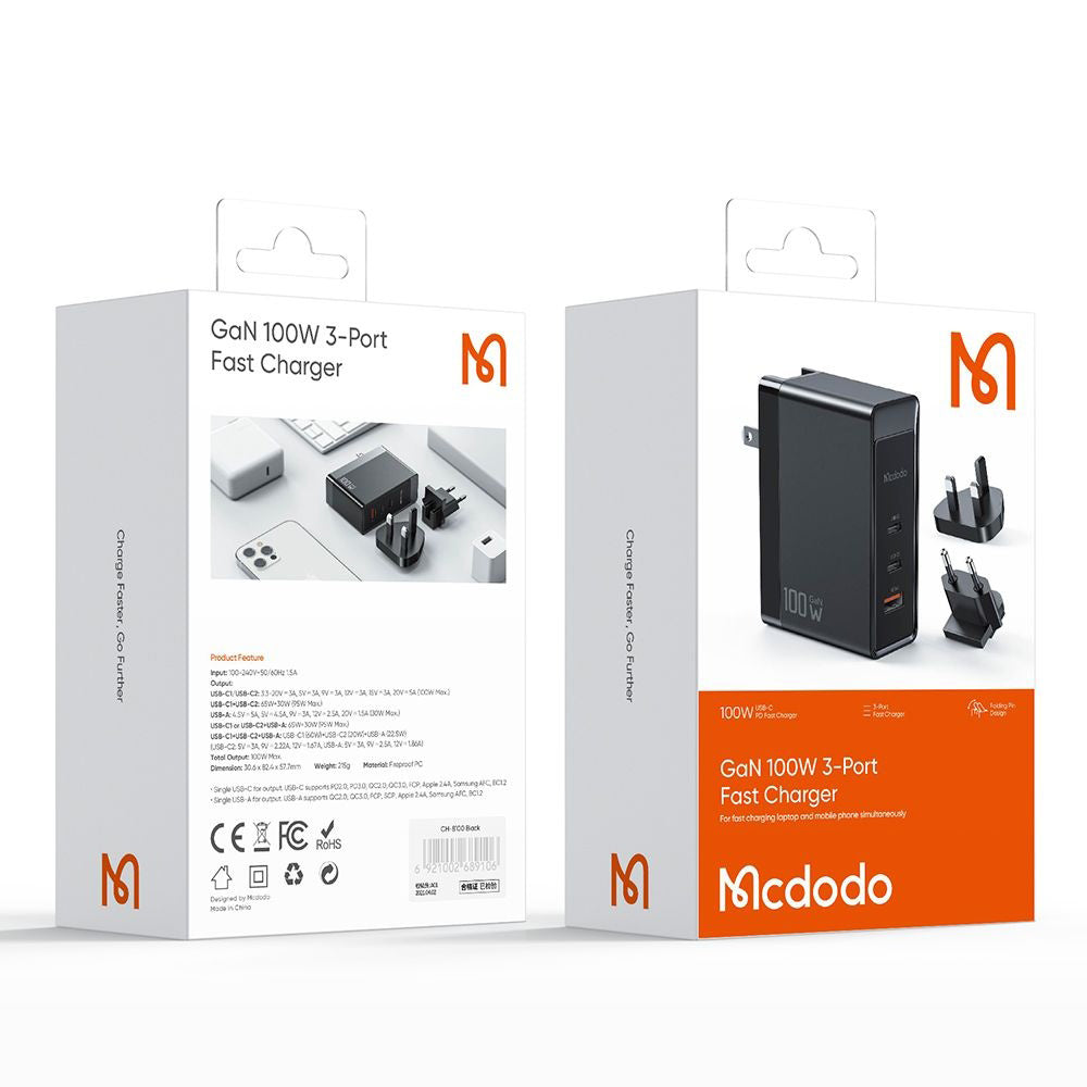 McDodo CH-8101 Pro Nuc AR Power Travel hálózati töltő, 100W, 5A, 1 x USB-A - 2 x USB-C, fekete