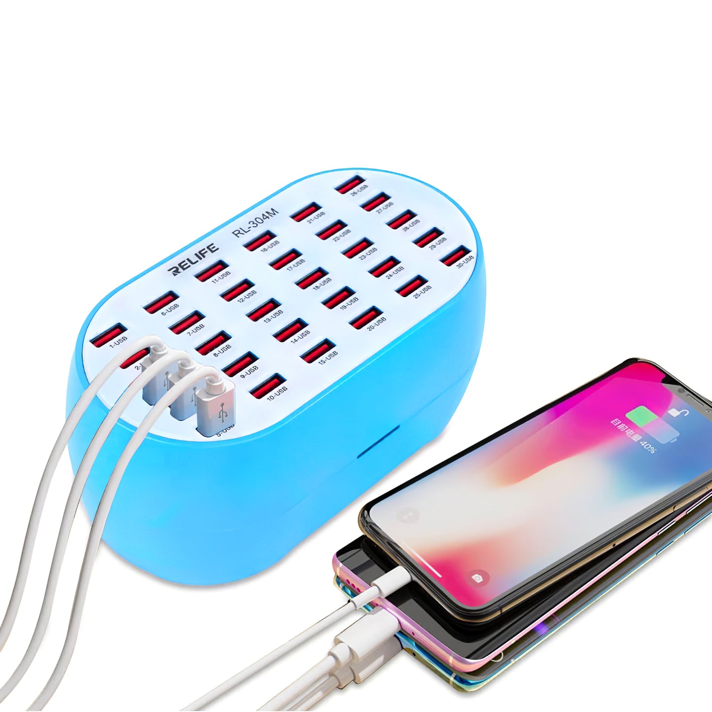 Töltőállomás Relife RL-304M, 160W, 2.4A, 30 x USB-A, kék