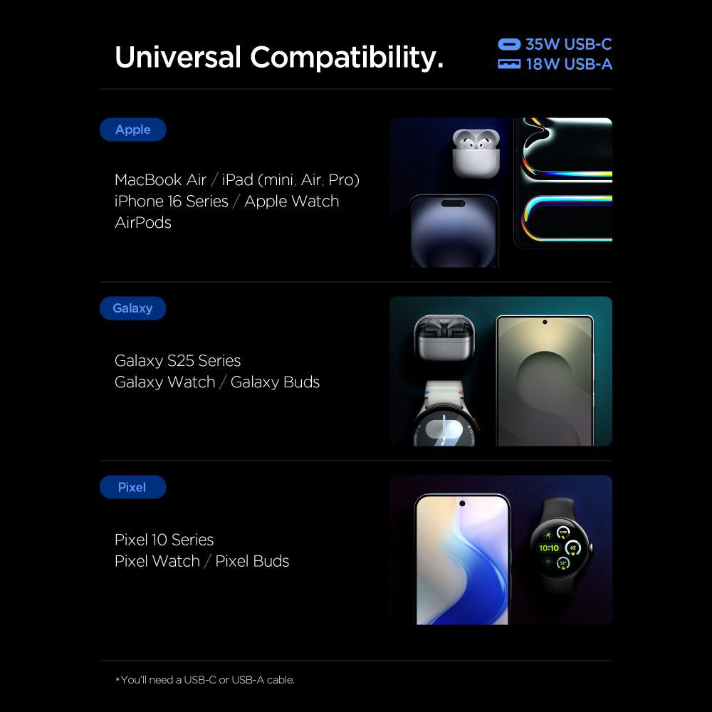 Spigen Essential hálózati töltő, 35W, 3A, 1 x USB-A - 1 x USB-C, Fekete