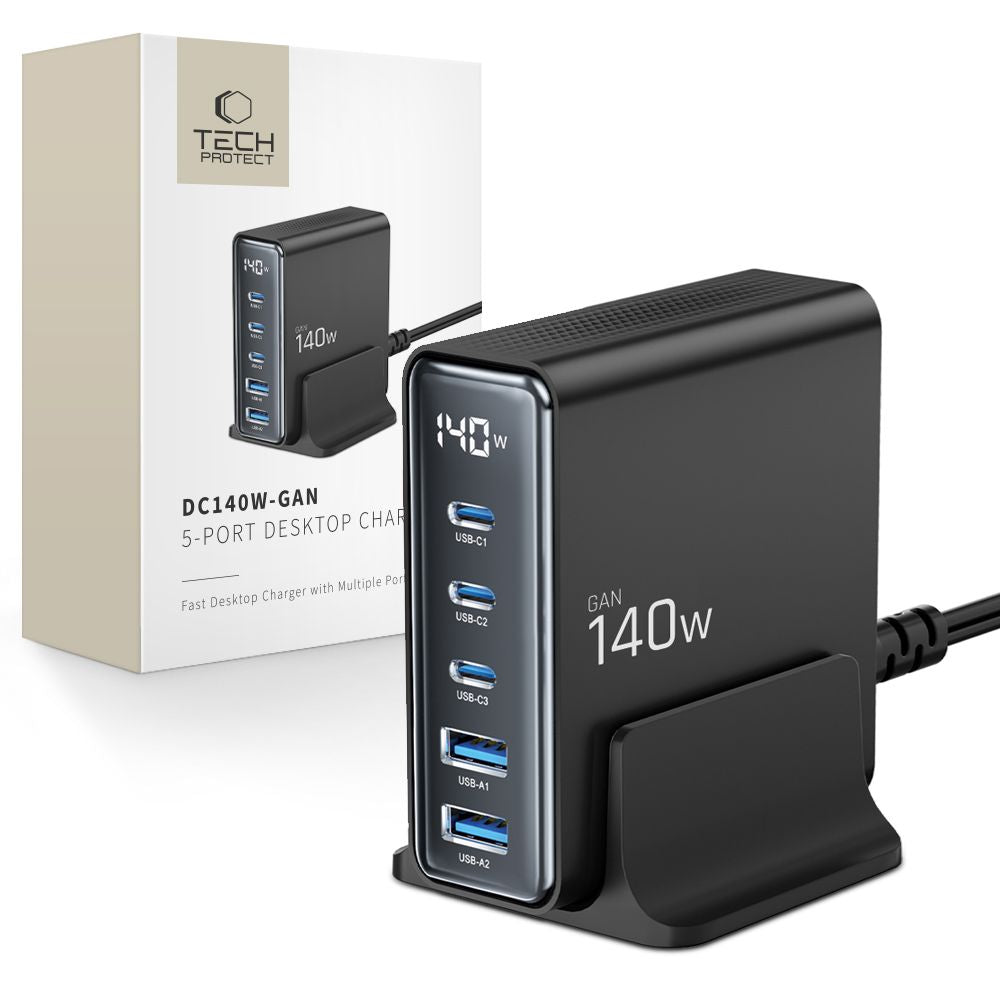 Tech-Protect DC140W Charging Station, 140W, 3A, 2 x USB-A - 3 x USB-C, Black