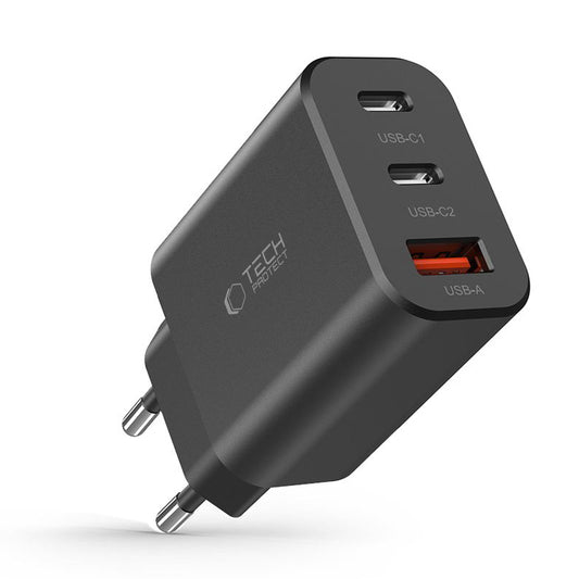 Tech-Protect NC30W hálózati töltő, 30W, 3A, 1 x USB-A - 2 x USB-C, Fekete