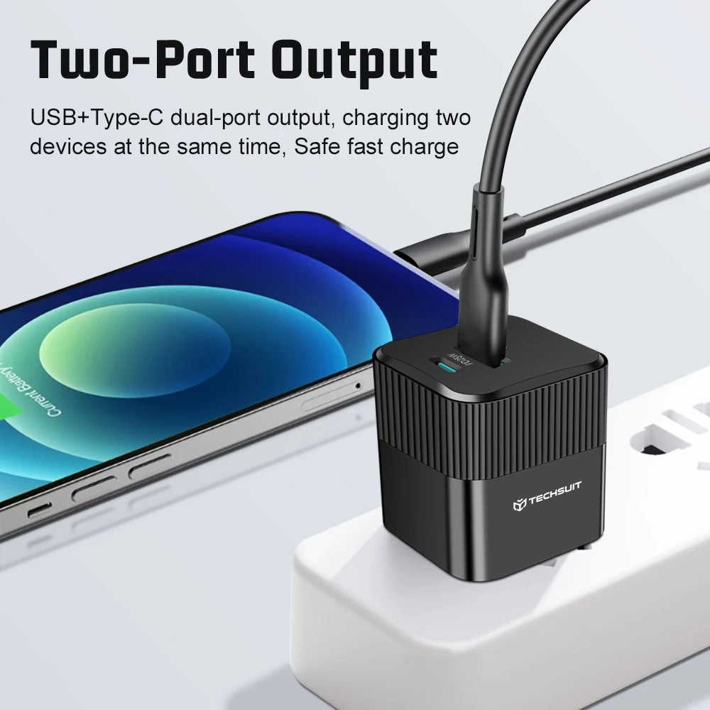 Techsuit CHPD216 Tiny hálózati töltő, 25W, 3A, 1 x USB-A - 1 x USB-C, fekete