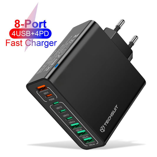 Techsuit CHPD224 hálózati töltő, 65W, 3.25A, 4 x USB-A - 4 x USB-C, Fekete