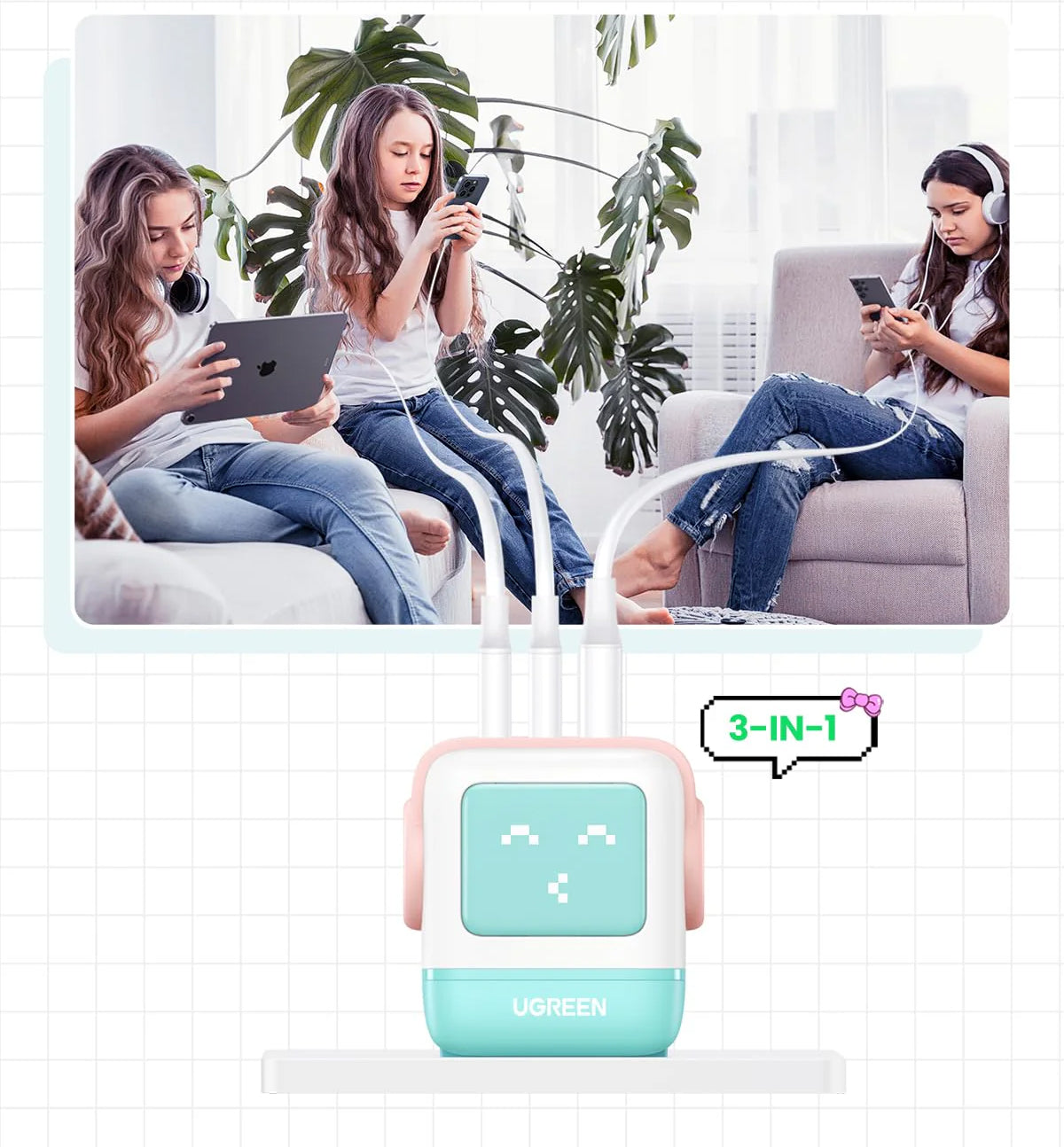 UGREEN CD361 Uno Hálózati Töltő, 65W, 3.25A, 1 x USB-A - 2 x USB-C, Türkiz