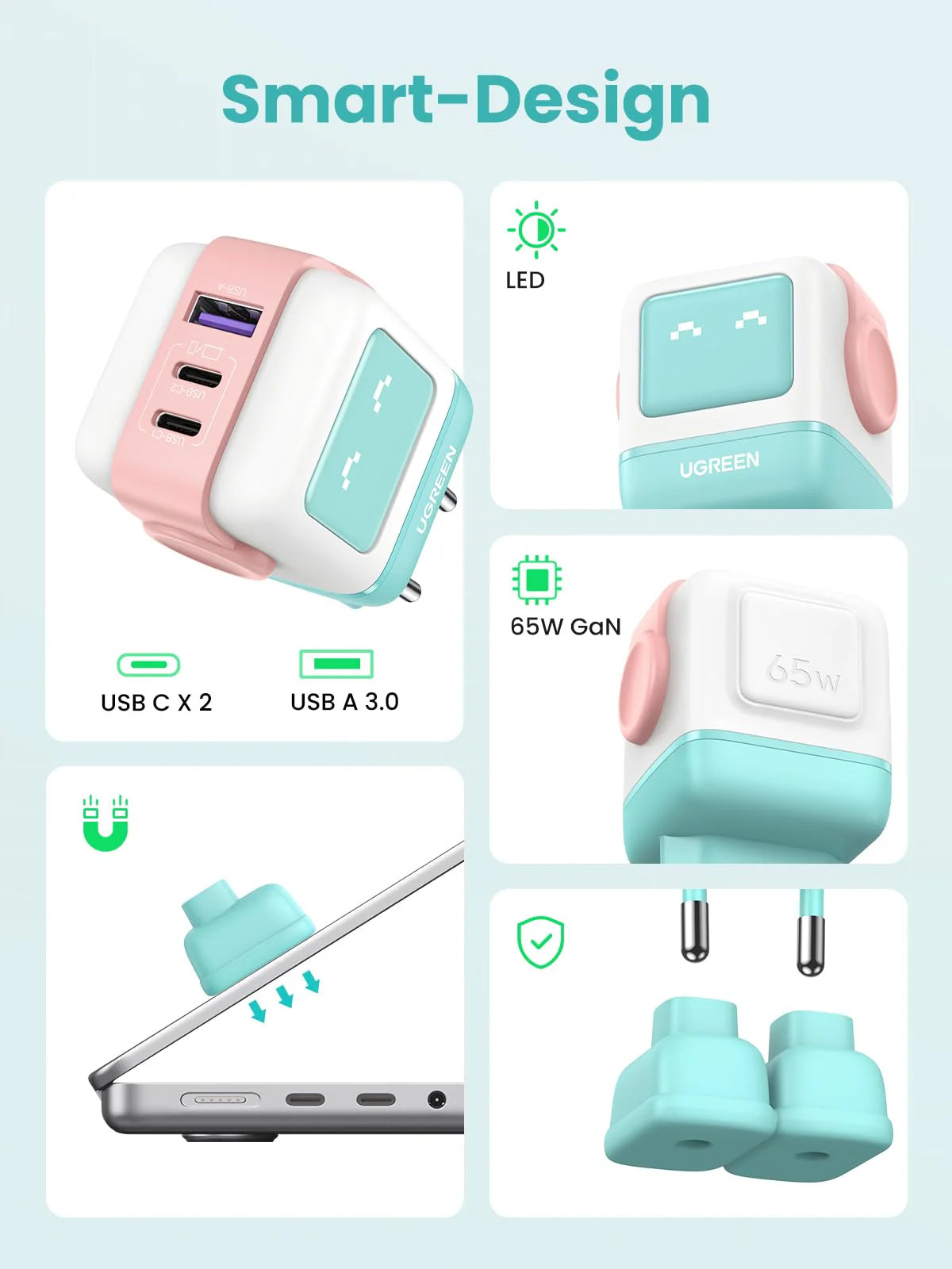 UGREEN CD361 Uno Hálózati Töltő, 65W, 3.25A, 1 x USB-A - 2 x USB-C, Türkiz