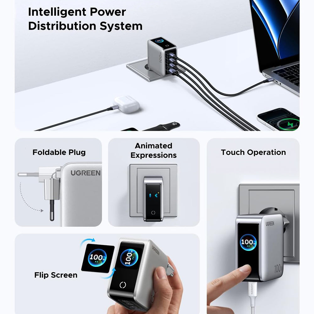 UGREEN Nexode Pro X772 (95942B) kijelzős hálózati töltő, 100 W, 5 A, 1 × USB-A – 3 × USB-C, szürke
