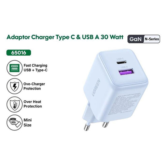 UGREEN X516 Hálózati Töltő, 30W, 3A, 1 x USB-A - 1 x USB-C, Fekete