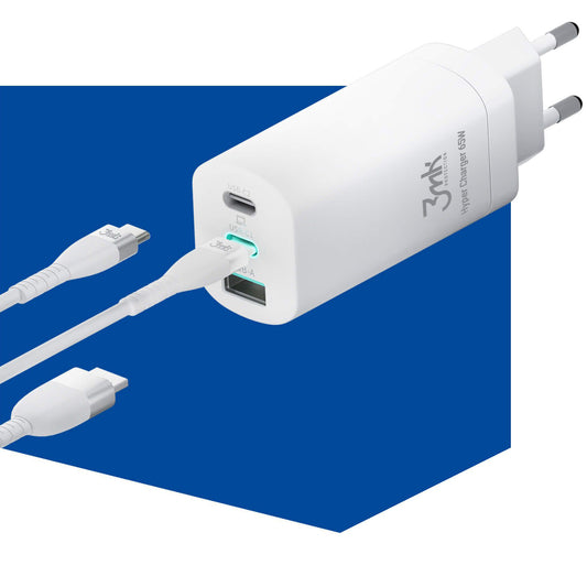 3MK HyperCharger hálózati töltő, 65W, 5A, 1 x USB-A - 2 x USB-C, fehér