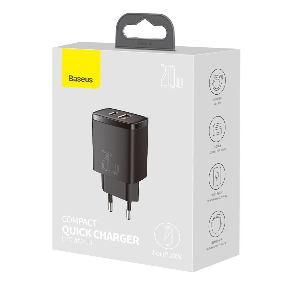 Baseus kompakt hálózati töltő, 20W, 3A, 1 x USB-A - 1 x USB-C, fekete CCXJ-B01