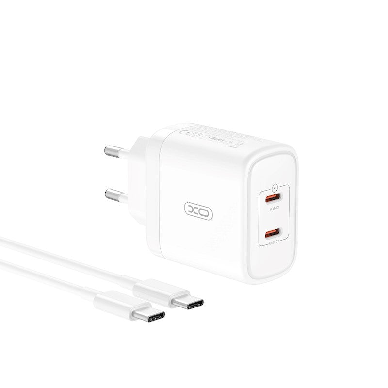 Hálózati töltő USB-C kábellel XO Design CE08, 50W, 3A, 2 x USB-C, Fehér