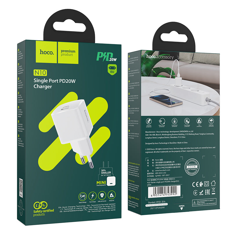 Hálózati töltő HOCO N10, 20W, 3A, 1 x USB-C, fehér