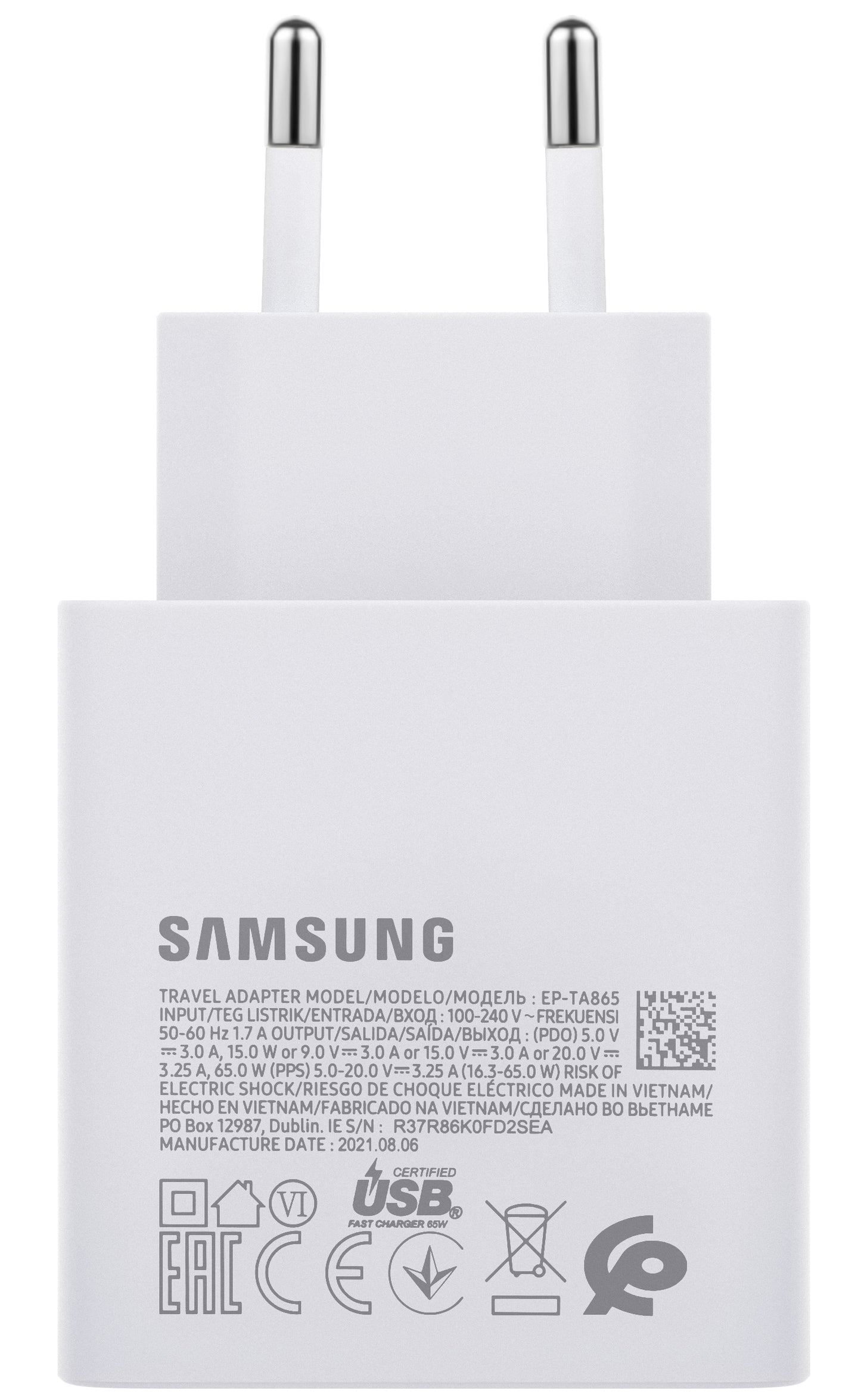 Hálózati töltő Samsung EP-TA865W, 65W, 3,25A, 1 x USB-C, fehér GP-PTU020SODWQ GP-PTU020SODWQ GP-PTU020SODWQ