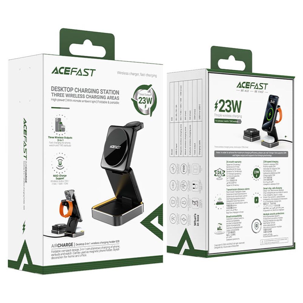 Acefast E21 3in1 vezeték nélküli hálózati töltő, 23W, 1.67A, szürke