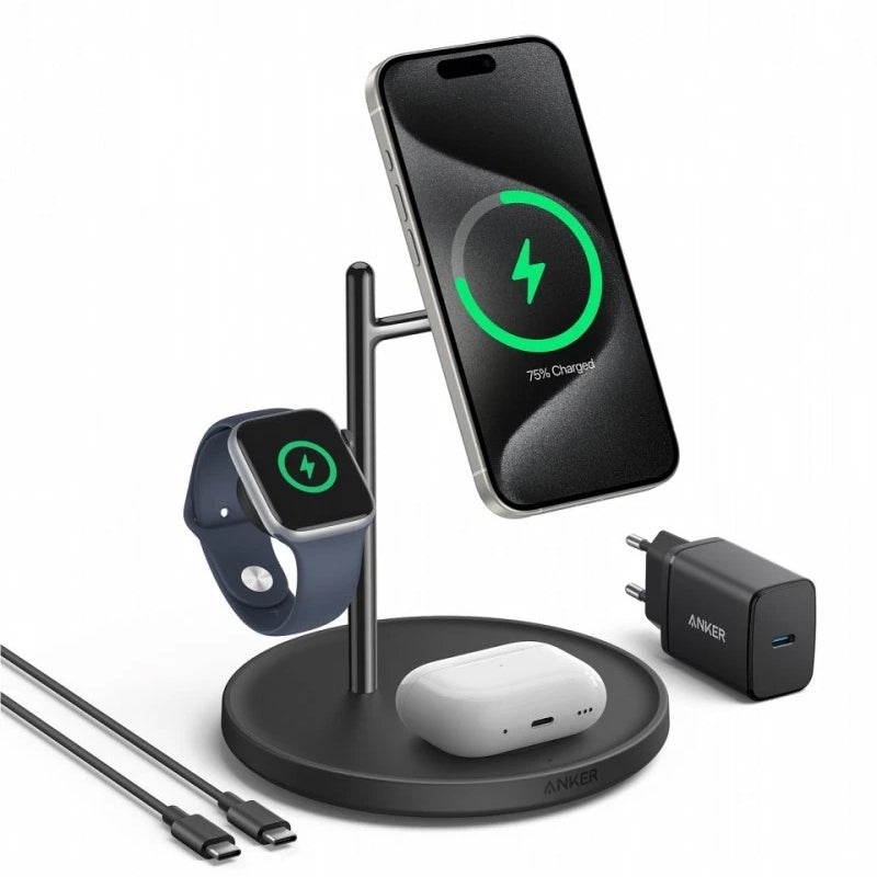 Anker MagGo 3in1 vezeték nélküli hálózati töltő, 25W, 1.67A, Fekete B25M3311