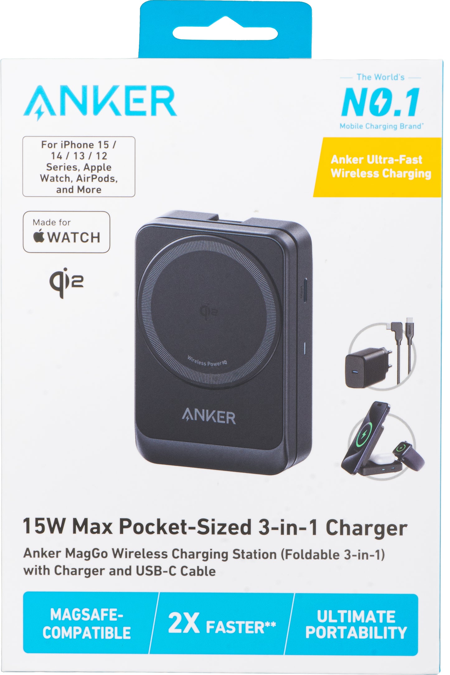 Anker MagGo 3in1 vezeték nélküli hálózati töltő, 15W, 1.67A, Fekete B2557311