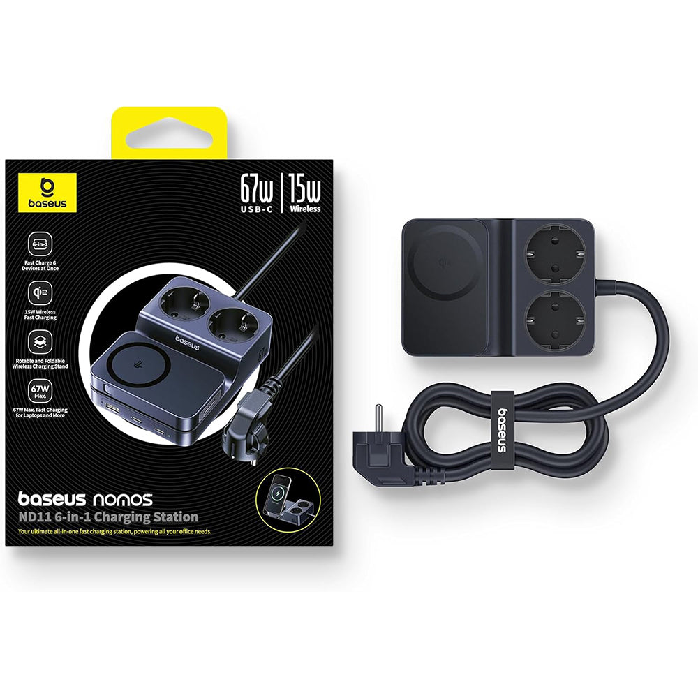 Baseus Nomos ND11 QI 6in1 töltőállomás, 67W, 3.35A, 1 x USB-A - 2 x USB-C - 2 x Schuko, Fekete P80015804213-00