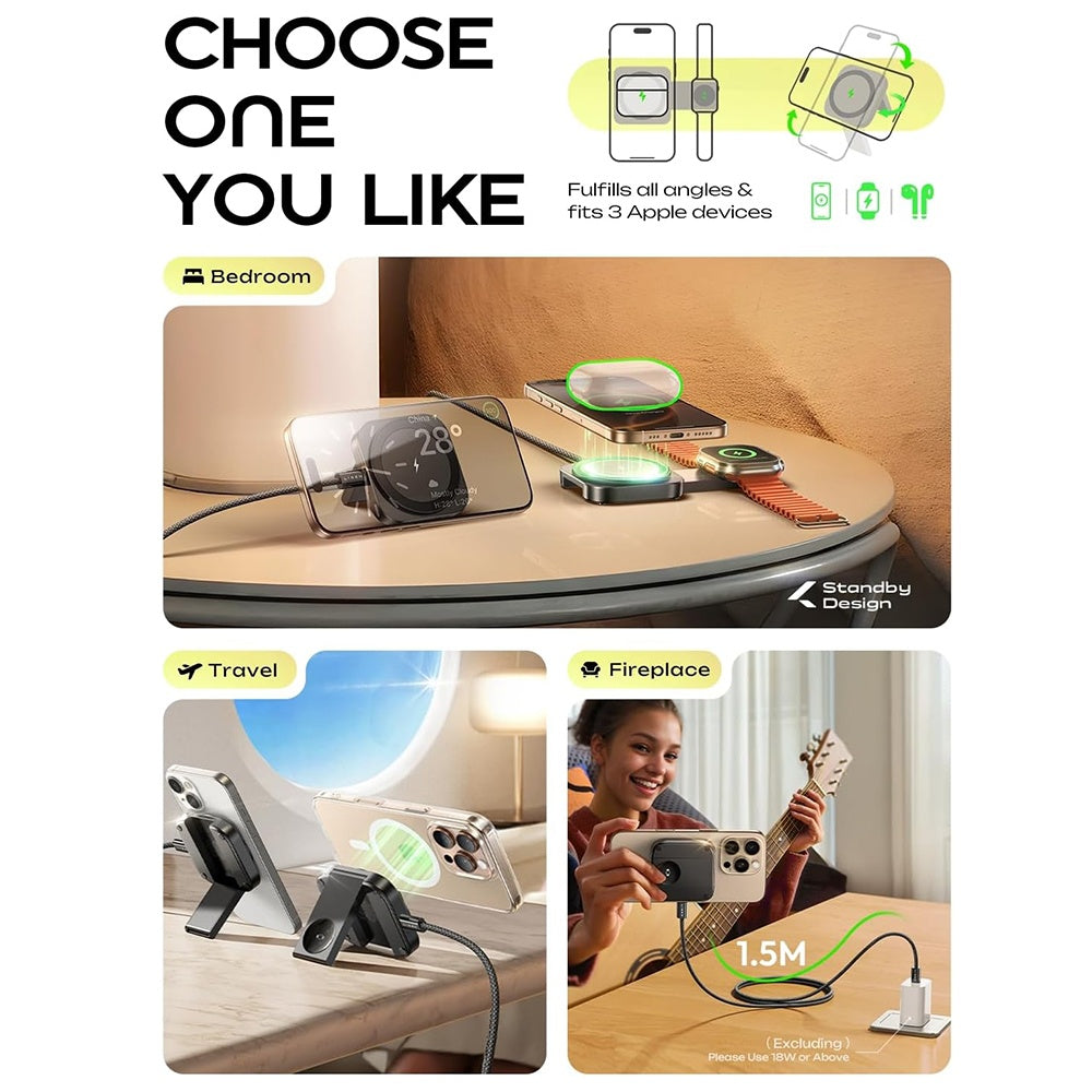 Lisen 2in1 vezeték nélküli hálózati töltő, 15W, 1.67A, Fekete YL0324100013