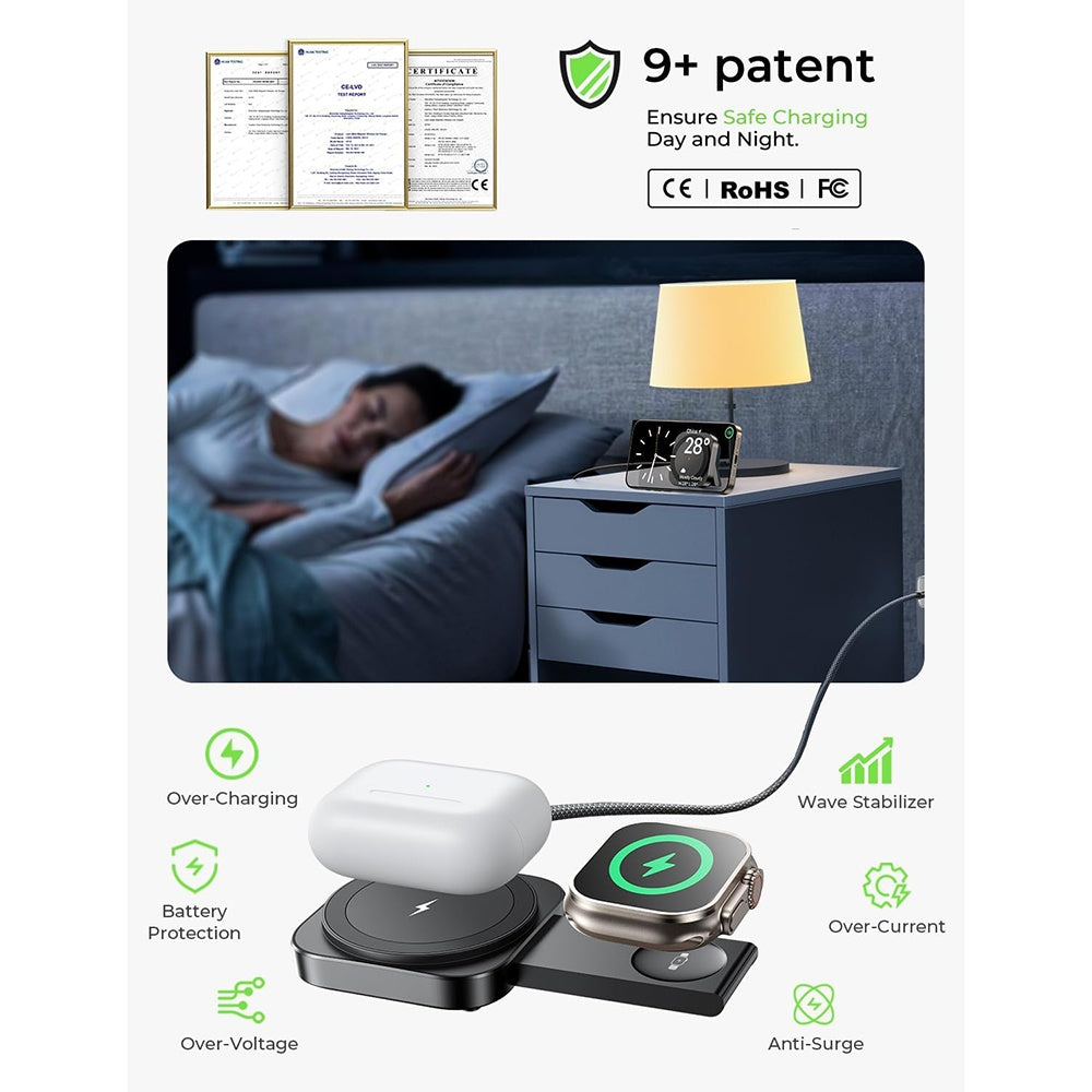 Lisen 2in1 vezeték nélküli hálózati töltő, 15W, 1.67A, Fekete YL0324100013