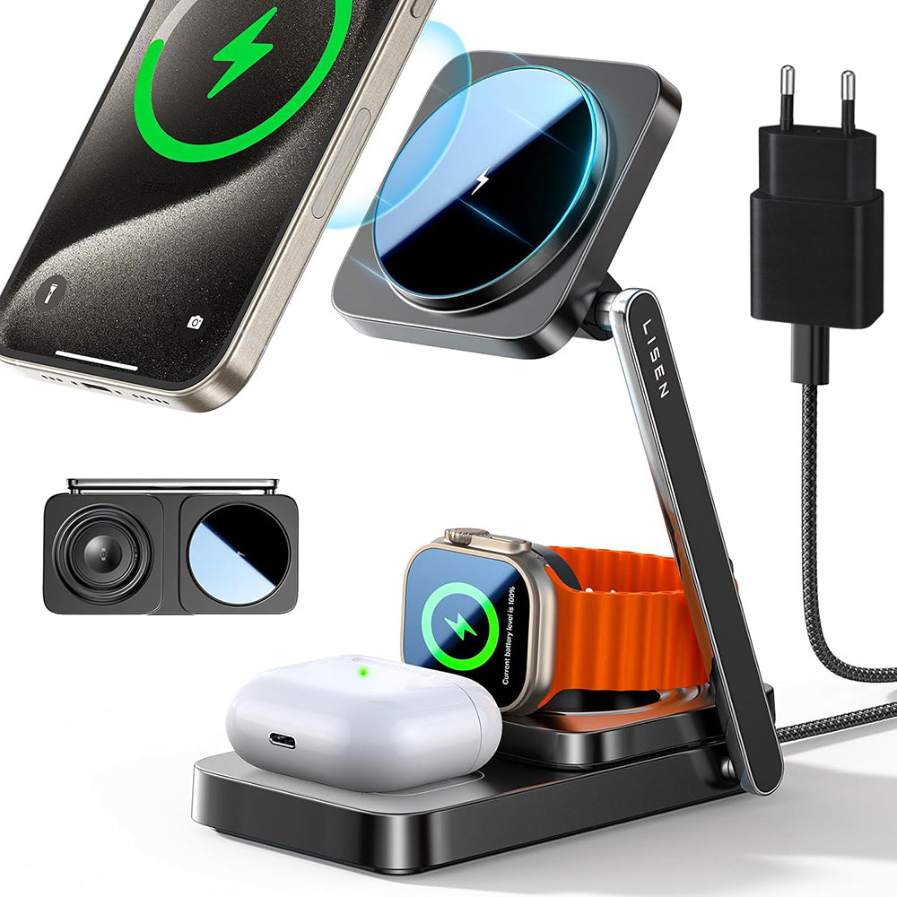 Lisen 3in1 vezeték nélküli hálózati töltő, 15W, 1.67A, Fekete YL0424010003