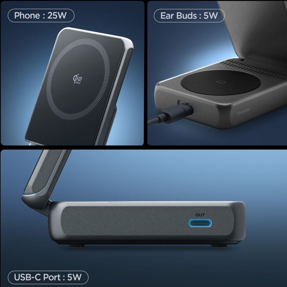 Spigen EF302MOQ 3in1, 25W, 1 x USB-C, szürke vezeték nélküli hálózati töltő