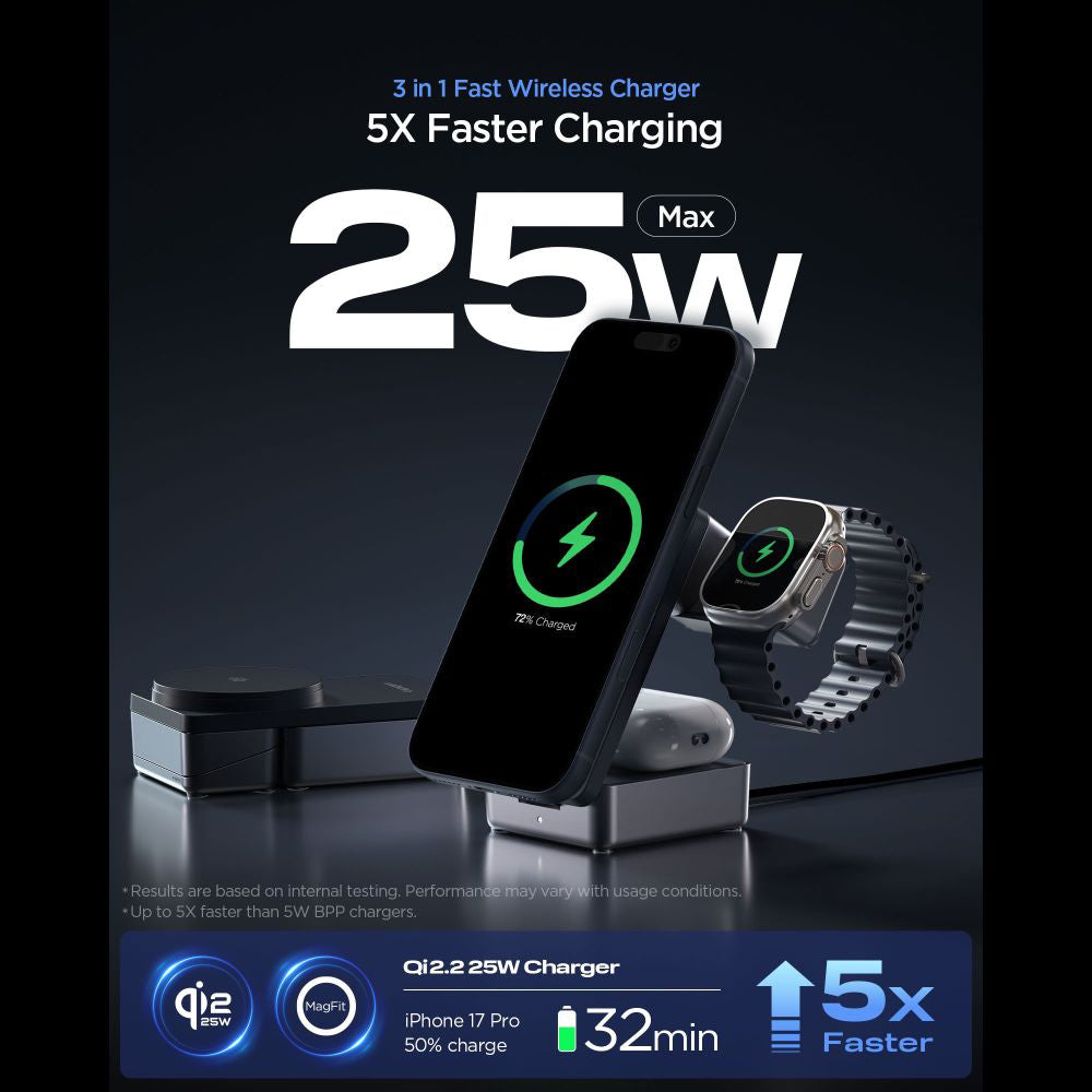 Spigen EF323MQ Essential 3in1, 25W, Fekete ACH10398 Vezeték nélküli Hálózati Töltő
