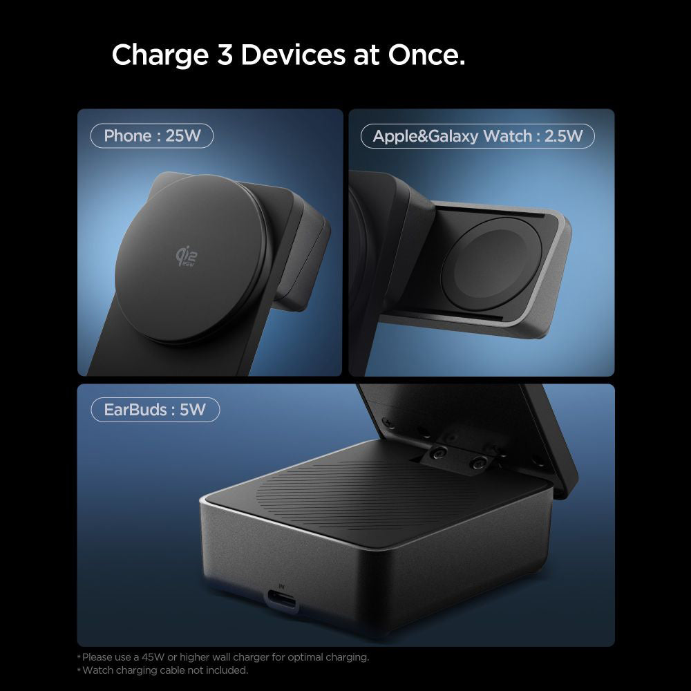 Spigen EF323MQ Essential 3in1, 25W, Fekete ACH10398 Vezeték nélküli Hálózati Töltő
