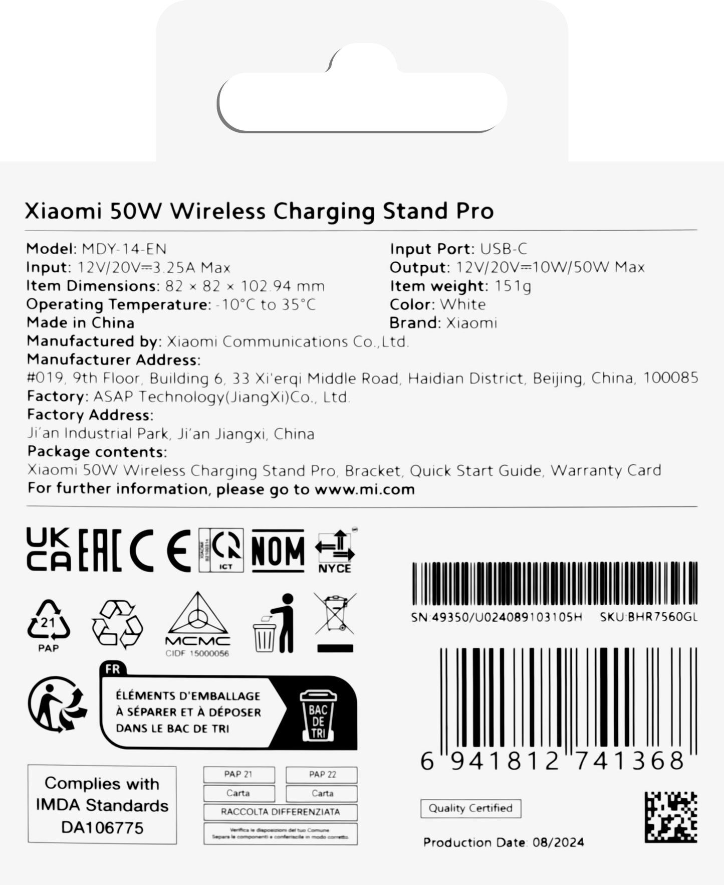 Xiaomi Stand Pro vezeték nélküli hálózati töltő, 50W, fehér BHR7560GL