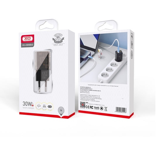 XO Design CE05 hálózati töltő, 30W, 3A, 1 x USB-A - 1 x USB-C, Barna