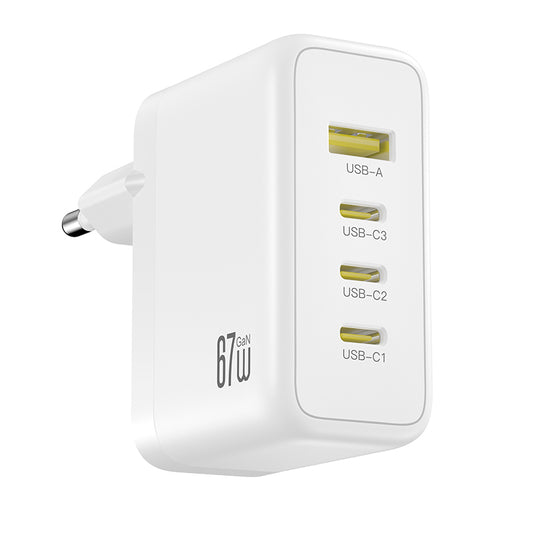 XO Design CE39 hálózati töltő, 67W, 3A, 1 x USB-A - 3 x USB-C, Fehér