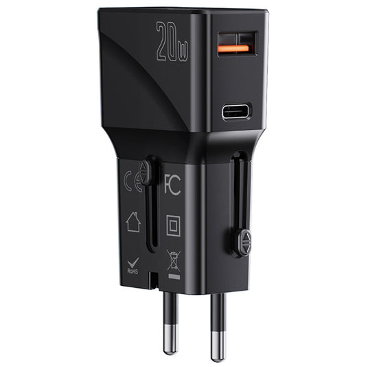 Hálózati töltő Yesido MC17 Travel, 20W, 3A, 1 x USB-A - 1 x USB-C, Fekete