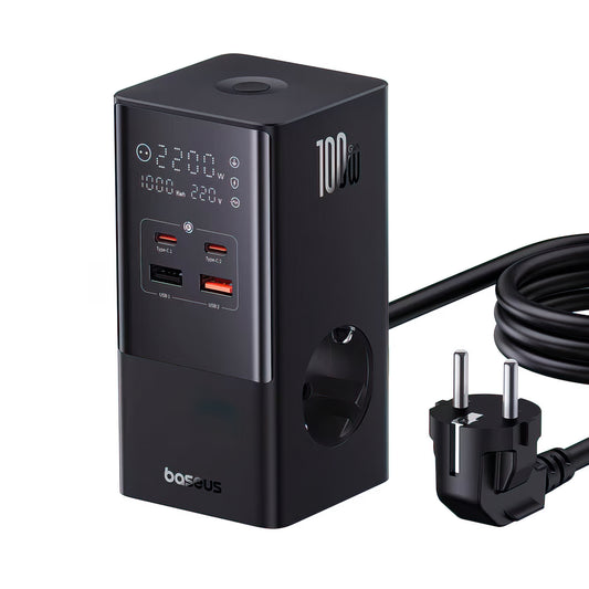 Baseus PowerCombo Tower töltőállomás, 100W, 5A, 2 x Schuko - 2 x USB-A - 2 x USB-C, Fekete E00023609113-00