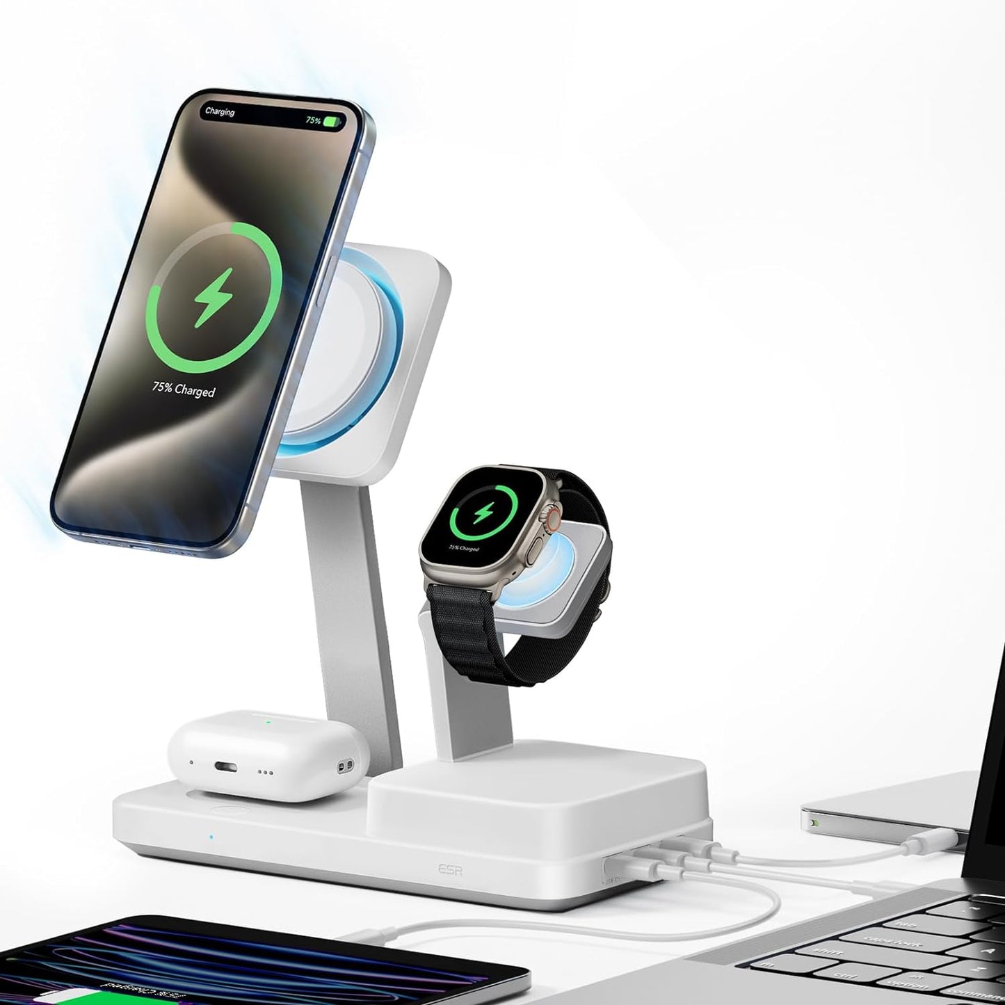 ESR CryoBoost QI 6in1 töltőállomás, 100W, 2 x USB-A - 1 x USB-C, Fehér