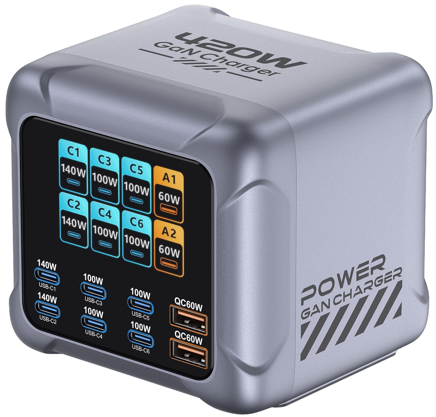 OEM BK-126D állomás töltő, 140W, 5A, 2 x USB-A - 6 x USB-C, Szürke