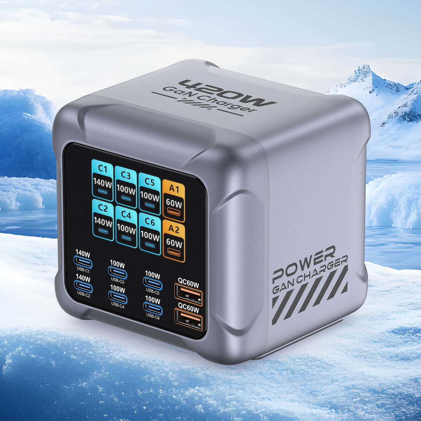 OEM BK-126D állomás töltő, 140W, 5A, 2 x USB-A - 6 x USB-C, Szürke