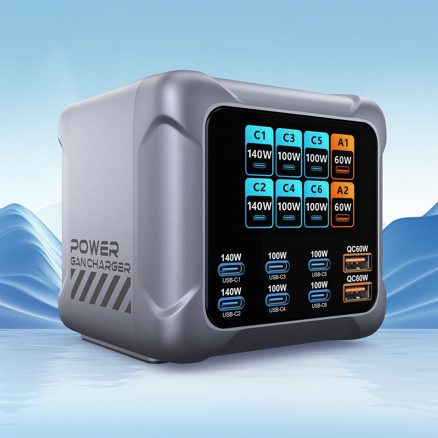 OEM BK-126D állomás töltő, 140W, 5A, 2 x USB-A - 6 x USB-C, Szürke