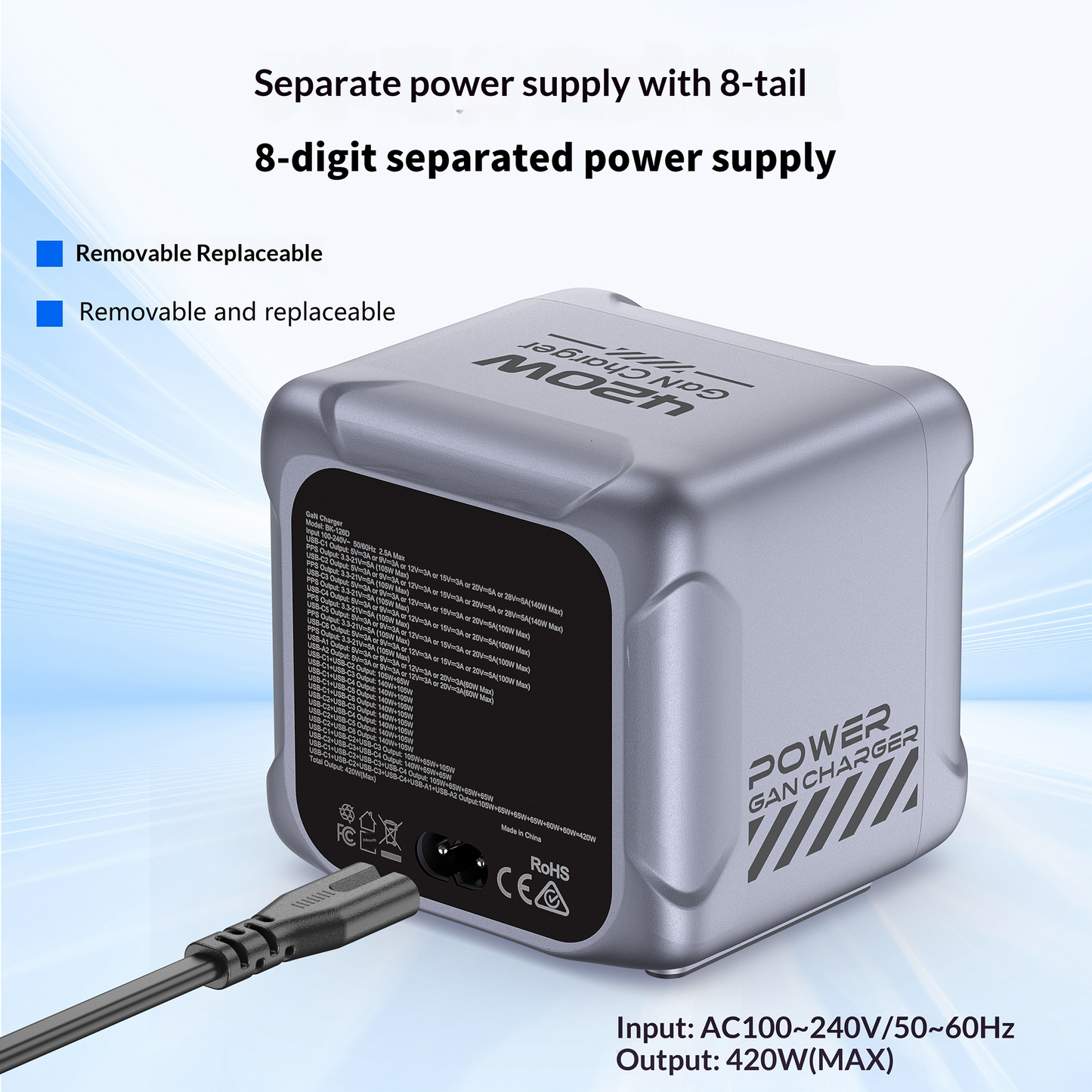 OEM BK-126D állomás töltő, 140W, 5A, 2 x USB-A - 6 x USB-C, Szürke