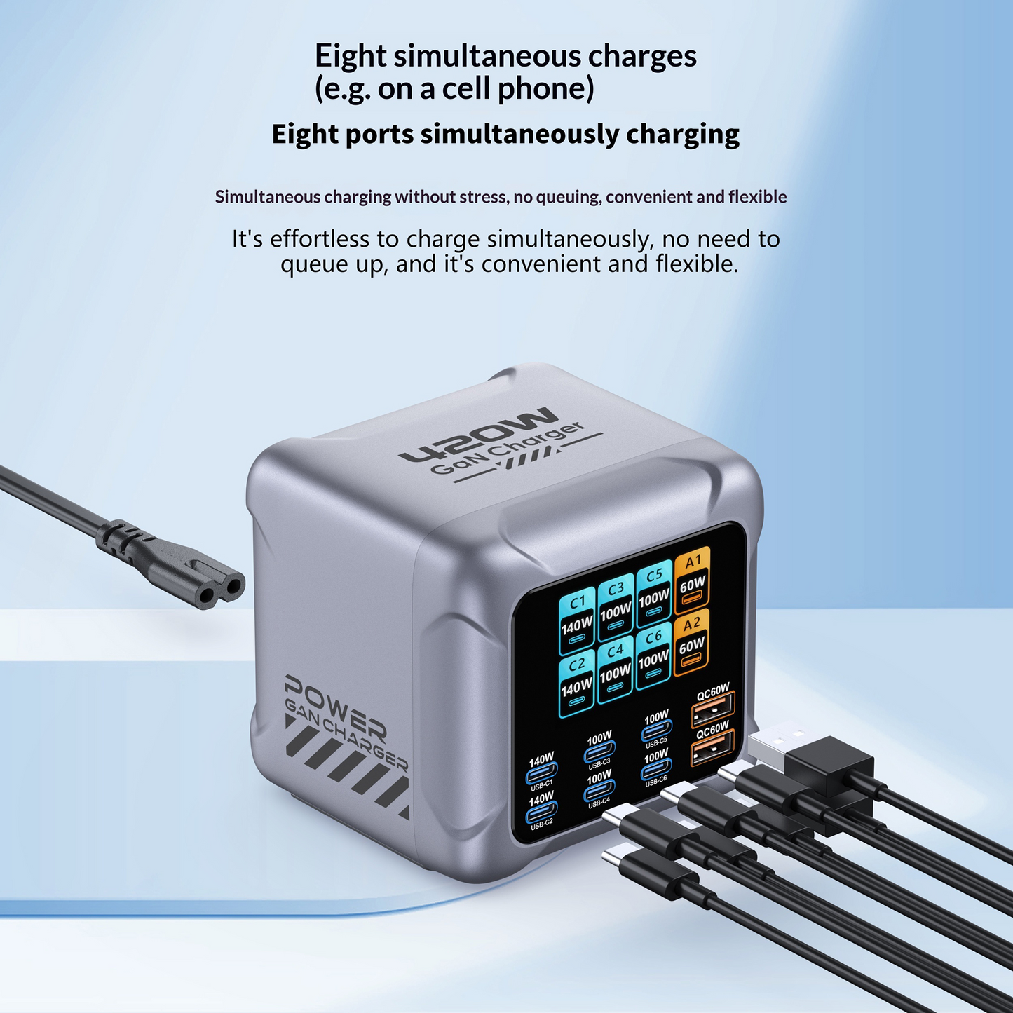 OEM BK-126D állomás töltő, 140W, 5A, 2 x USB-A - 6 x USB-C, Szürke