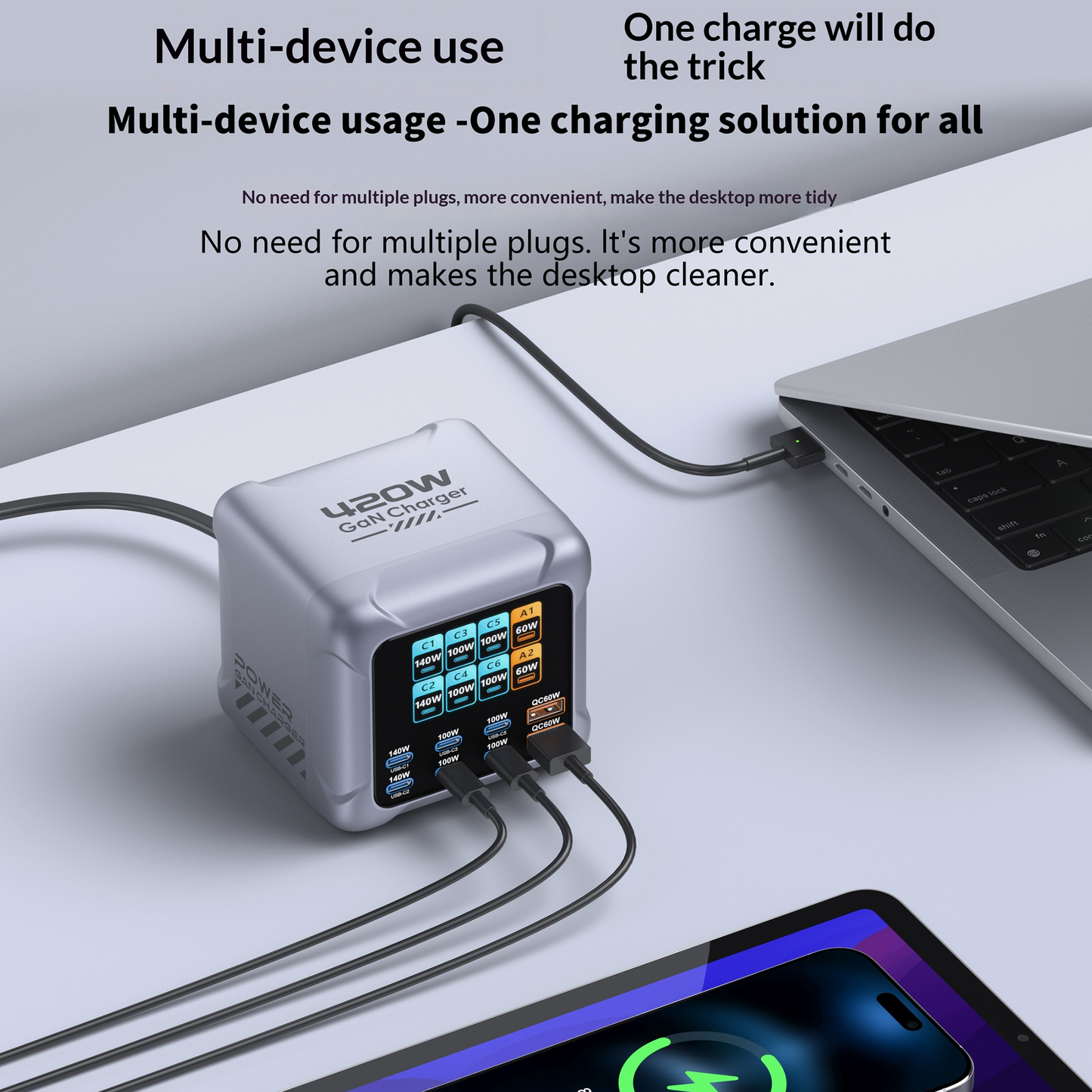 OEM BK-126D állomás töltő, 140W, 5A, 2 x USB-A - 6 x USB-C, Szürke