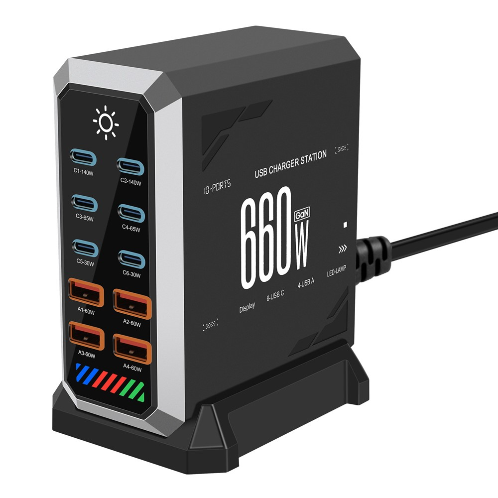 OEM HW18 állomás töltő, 660W, 5A, 4 x USB-A - 6 x USB-C, Fekete