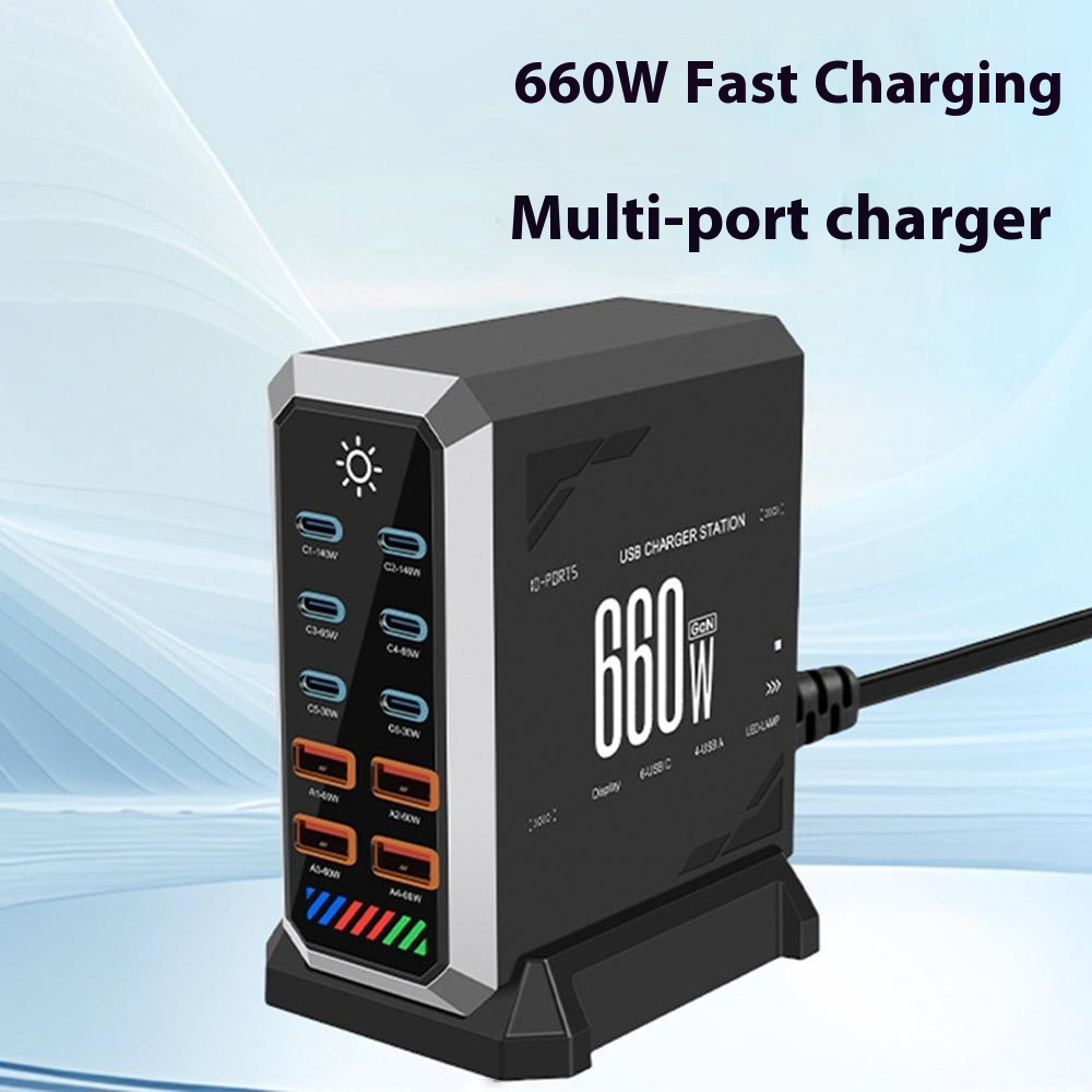 OEM HW18 állomás töltő, 660W, 5A, 4 x USB-A - 6 x USB-C, Fekete