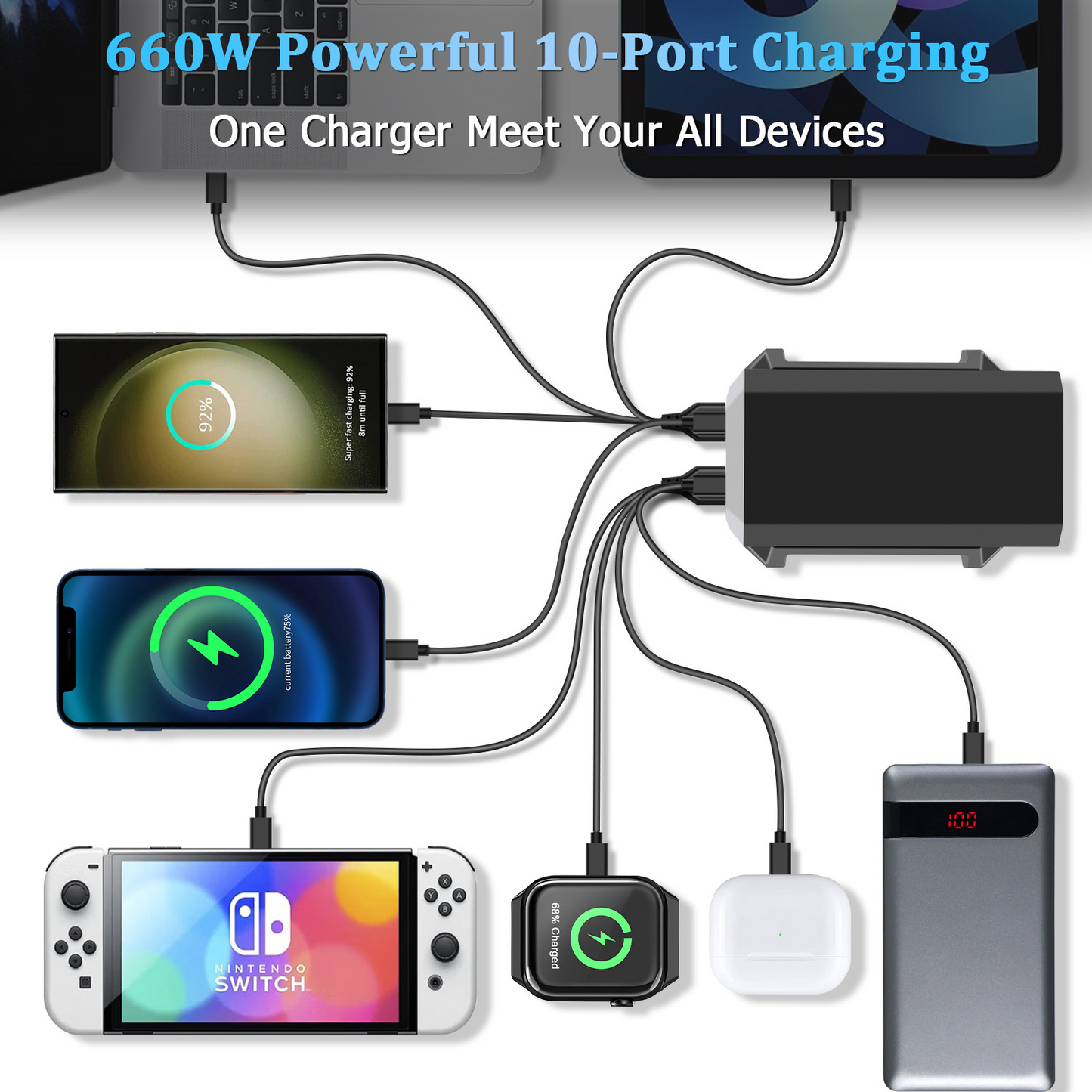 OEM HW18 állomás töltő, 660W, 5A, 4 x USB-A - 6 x USB-C, Fekete