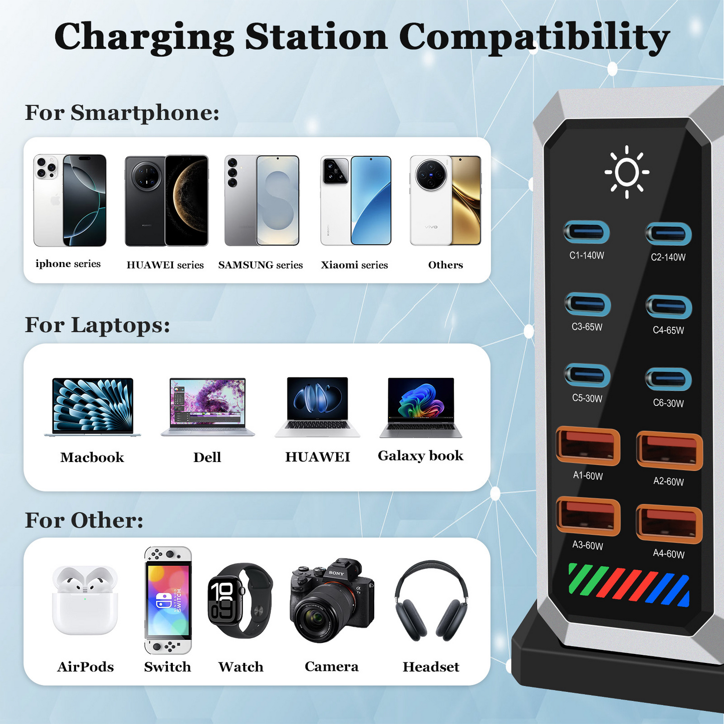 OEM HW18 állomás töltő, 660W, 5A, 4 x USB-A - 6 x USB-C, Fekete