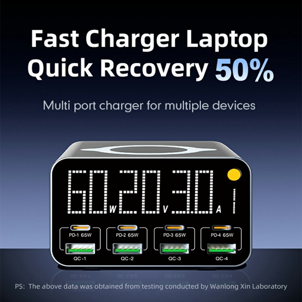 OEM WLX-M3 QI állomás töltő, 80W, 4 x USB-A - 4 x USB-C, Szürke