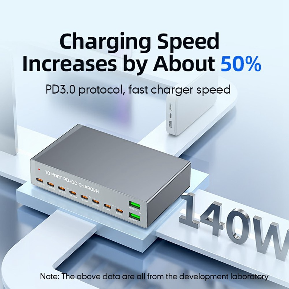 OEM WLX-X6Y állomás töltő, 140W, 5A, 2 x USB-A - 8 x USB-C, Ezüst