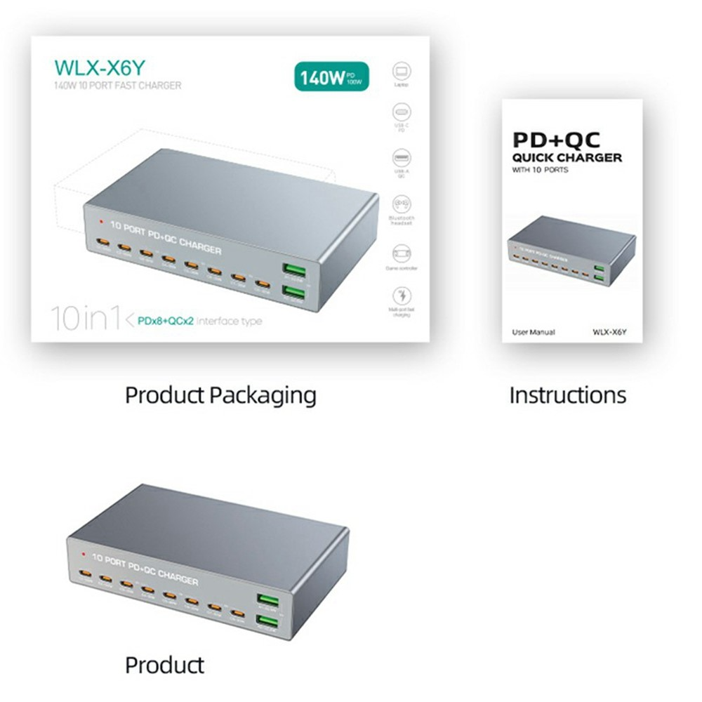 OEM WLX-X6Y állomás töltő, 140W, 5A, 2 x USB-A - 8 x USB-C, Ezüst