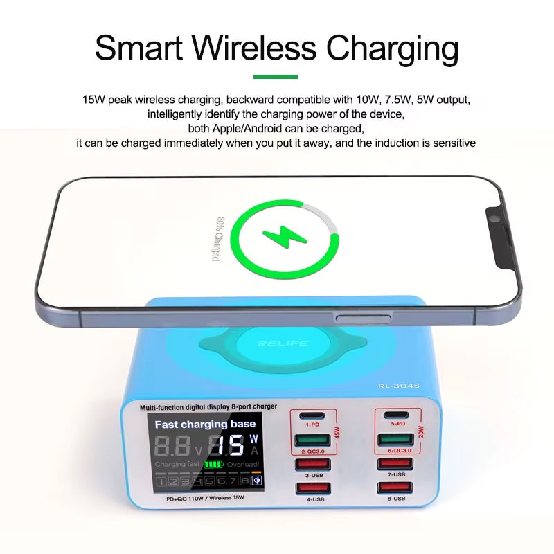 Relife RL-304S QI töltőállomás, 110W, 3A, 2 x USB-C - 6 x USB-A, Kék