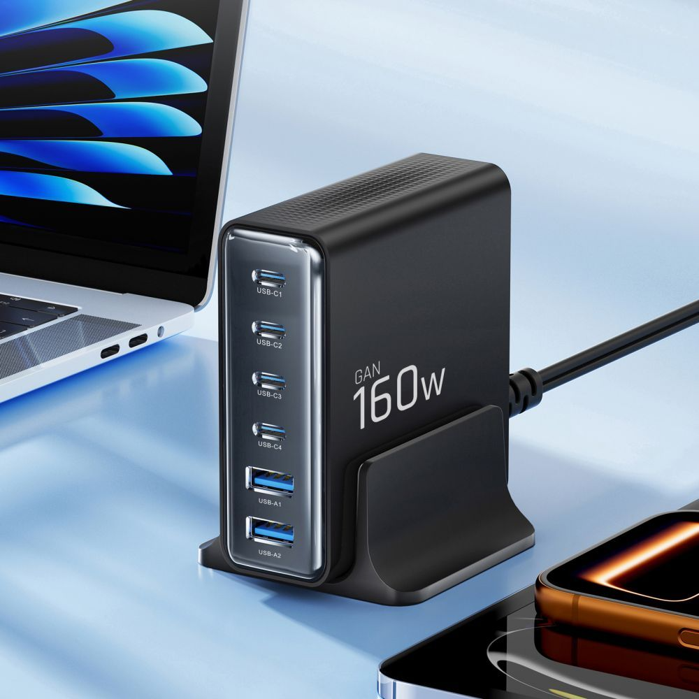 Tech-Protect DC160W-GAN Charging Station, 160W, 5A, 2 x USB-A - 4 x USB-C, Black