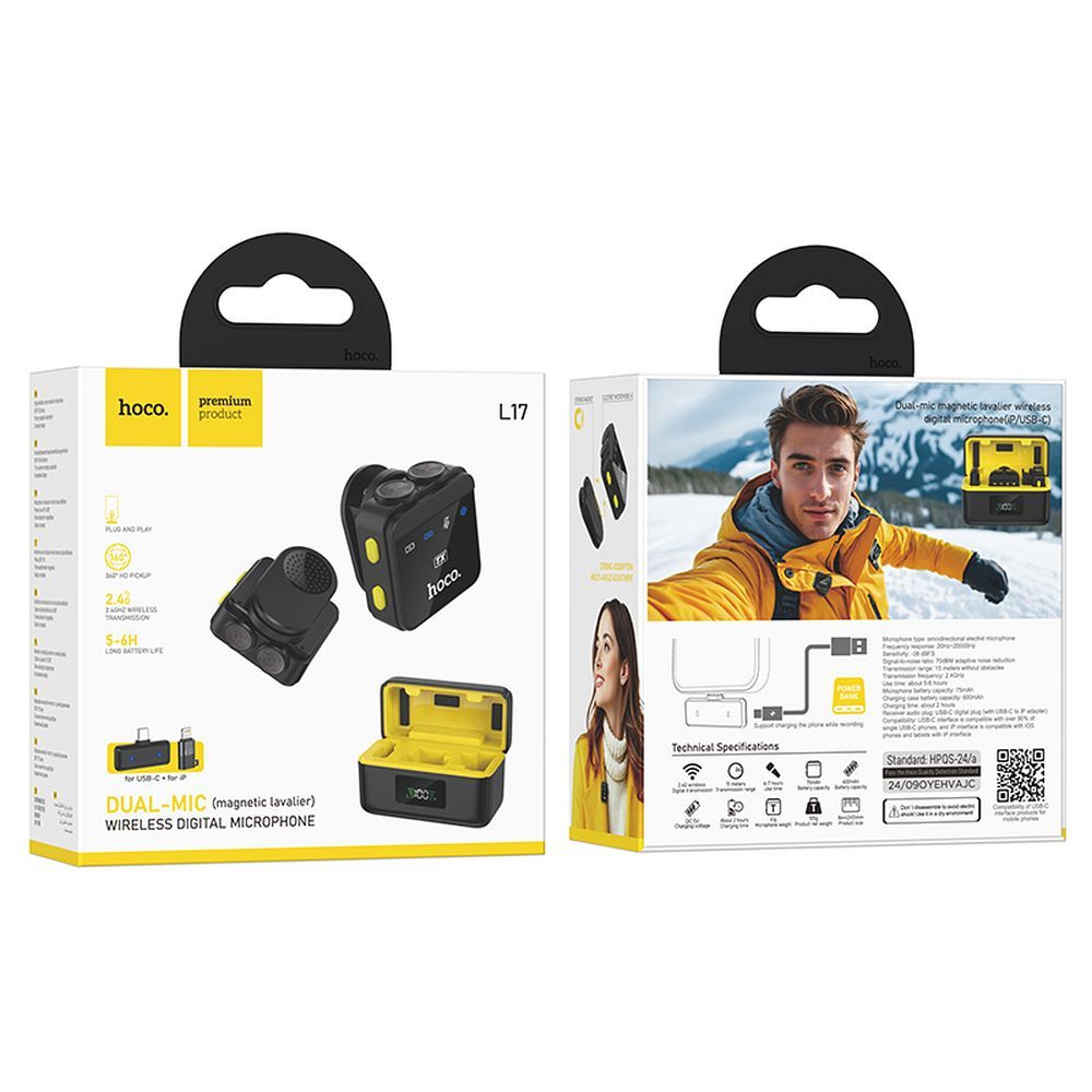 HOCO L17 jelvény mikrofon, USB-C / Lightning, 2 darabos készlet, Fekete