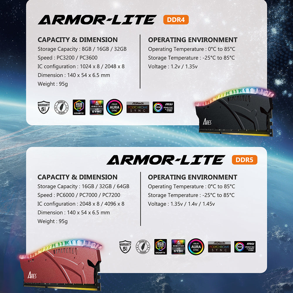 Dato Ares Armor Lite RAM memória, DDR4, RGB, 8GB, 3200Mhz, CL16, Piros ARB8G4R32