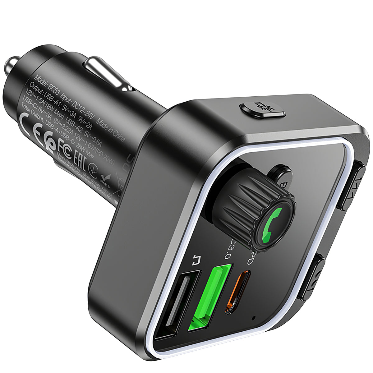 Bluetooth FM modulátor BC53 autópálya, 2 x USB-A - 1 x USB-C